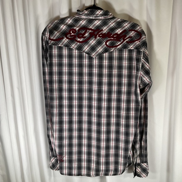 Ed Hardy Christian Audigier Men Large Blk Plaid Pearl Snap LS Western Shirt Vtg - Picture 9 of 9